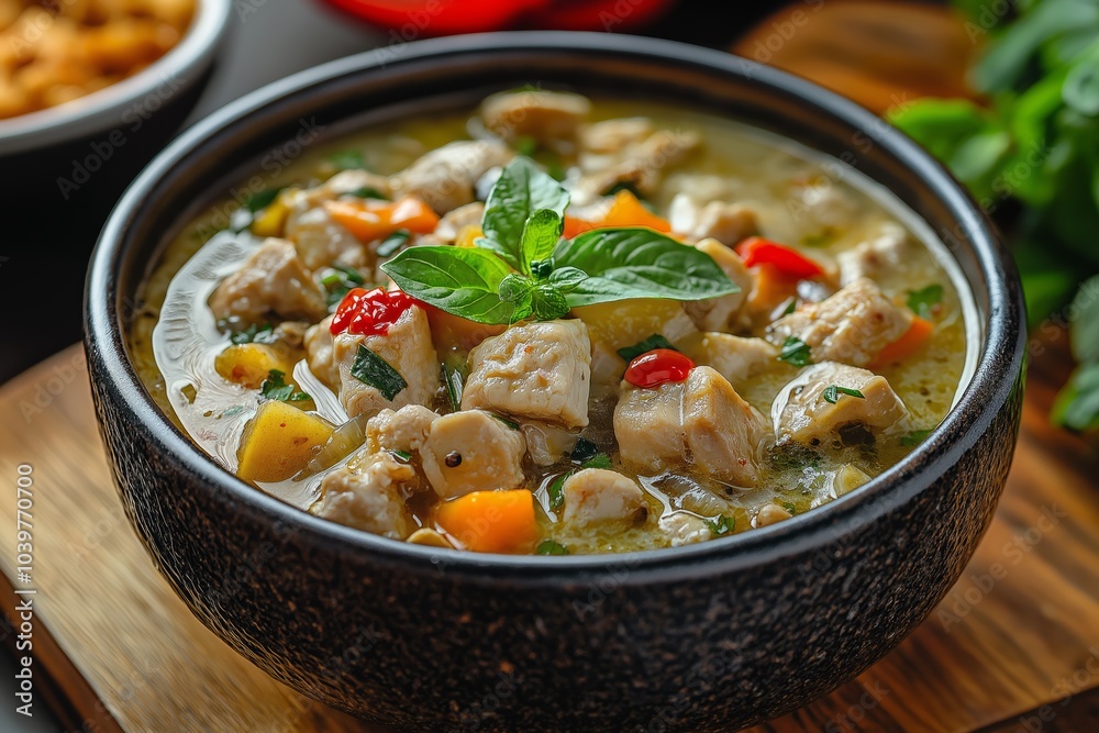 Bowl of chicken curry sitting on wooden tabletop Bowl of chicken curry sitting on wooden tabletop