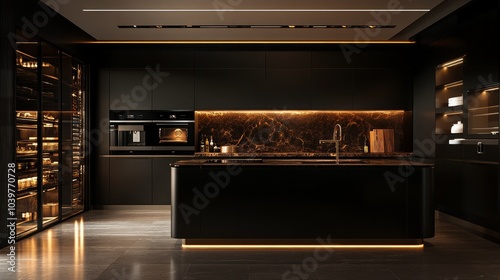 Elegant, opulent kitchen interior in a large, contemporary apartment with dark hues, cutting-edge LED lighting, and a cooking island
 photo