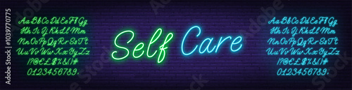 Self Care Neon Sign on brick wall background. Template for text with blue and green neon alphabet.