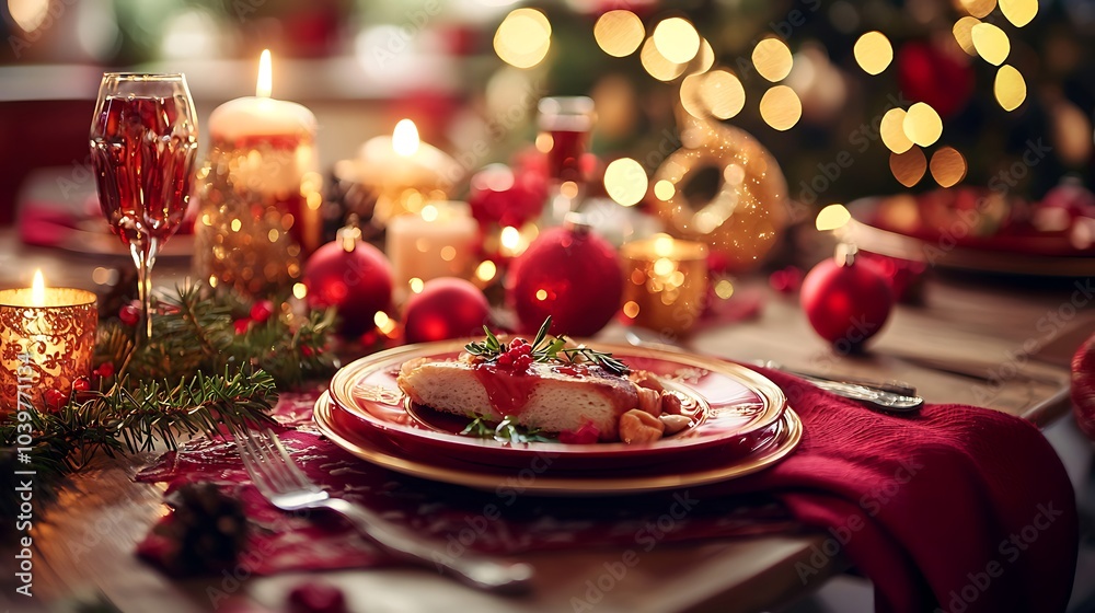 Festive Table Setting with Red and Gold Decorations and a Delicious Dessert