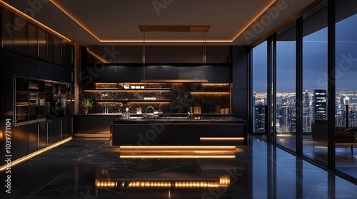 Elegant, opulent kitchen interior in a large, contemporary apartment with dark hues, cutting-edge LED lighting, and a cooking island
 photo