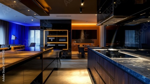 Elegant, opulent kitchen interior in a large, contemporary apartment with dark hues, cutting-edge LED lighting, and a cooking island
 photo