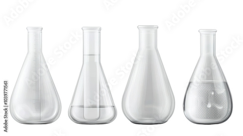 Glass laboratory flasks of various shapes and sizes filled with liquid displayed on a transparent background for scientific analysis.