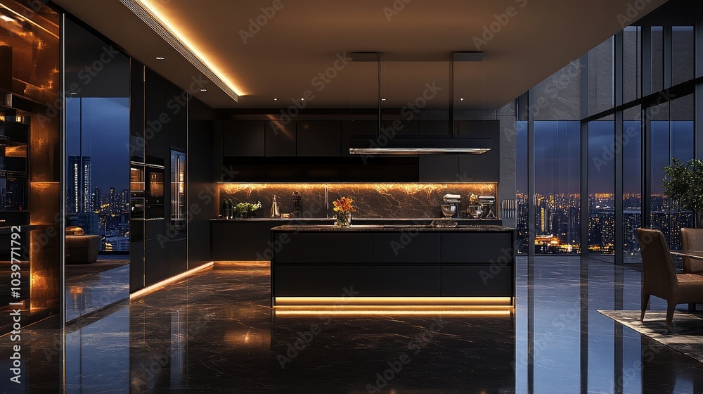 Elegant, opulent kitchen interior in a large, contemporary apartment with dark hues, cutting-edge LED lighting, and a cooking island
Elegant, opulent kitchen interior in a large, contemporary apartment with dark hues, cutting-edge LED lighting, and a cooking island