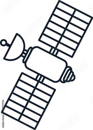 Vector illustration of space satellite in linear style. Science, discovery, and space symbol. Astronomy and communication element. Radio telecommunication symbol. Mobile transmission and reception. Th