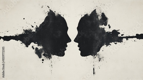 Abstract inkblot resembling two faces in profile Monochrome design with symmetrical patterns