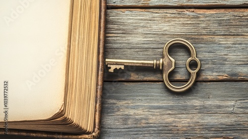 Vintage book and antique key on rustic wooden surface