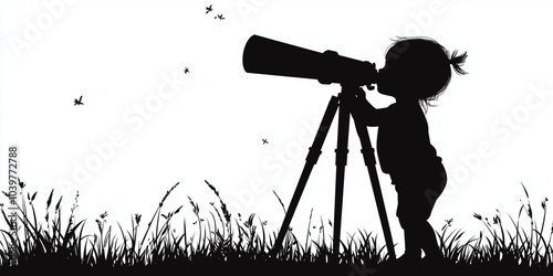 Vector illustration of a Silhouette of little child looking through a telescope. star gazing. landscape. child and a telescope. moon