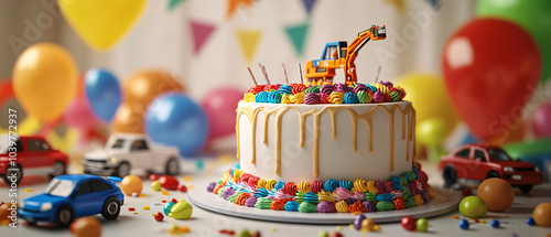 Colorful Birthday Cake with Excavator Toy and Toy Cars for a Boys First Birthday Party, Colorful Birthday Cake with Excavator Toy and Toy Cars for a Boy