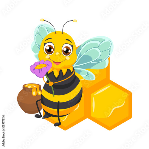 A bee sitting near honeycombs with honey. A bee collects honey in a pot.