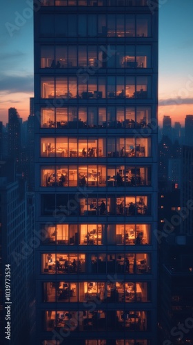 Evening glow of office workers busy at their desks in a high-rise building during sunset