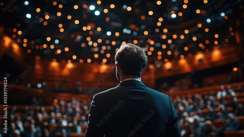 A charismatic speaker captivates a captivated audience under twinkling lights in a grand hall A charismatic speaker captivates a captivated audience under twinkling lights in a grand hall