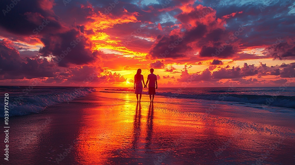 Couple Silhouettes Walking on Beach at Sunset with Dramatic Sky Couple Silhouettes Walking on Beach at Sunset with Dramatic Sky