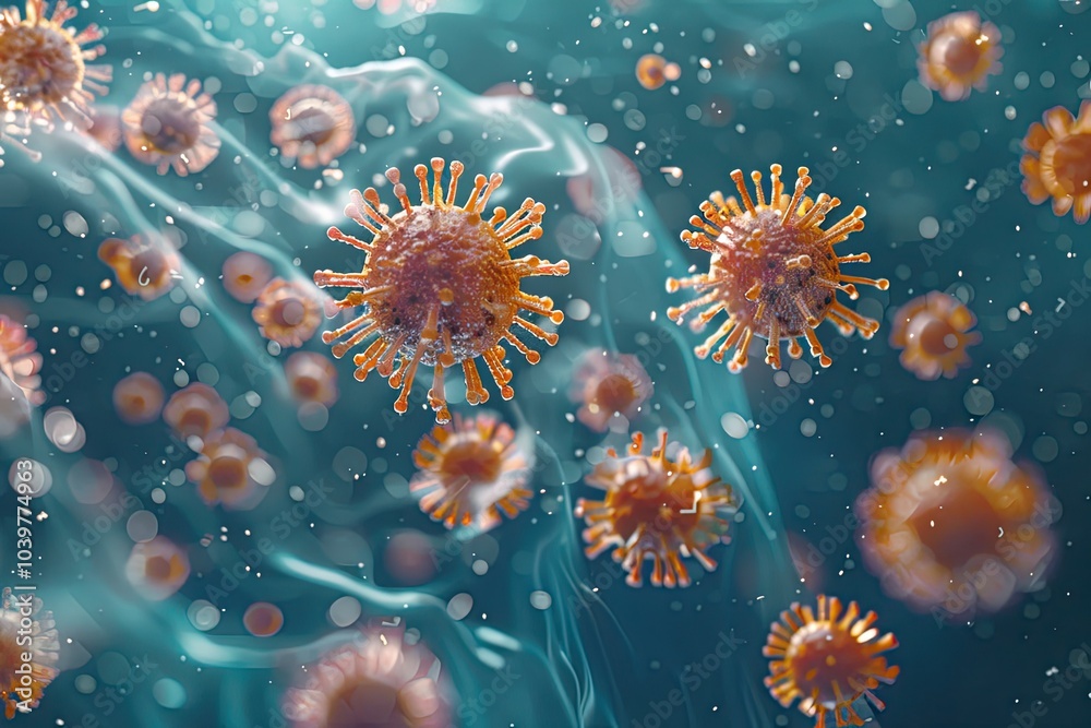 Influenza virus particles seen in the blood with erythrocytes and leukocytes, indicating infection. Influenza virus particles seen in the blood with erythrocytes and leukocytes, indicating infection.