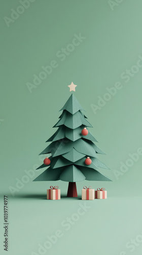 Stylish green Christmas tree with ornaments and gifts underneath