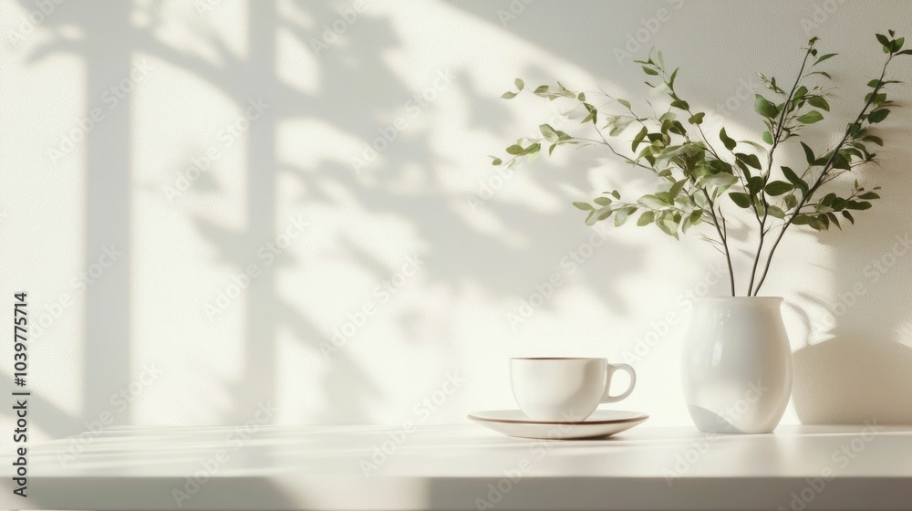 Minimalist and modern workspace setting with a coffee cup plant and natural lighting casting soft shadows on a clean white desk
