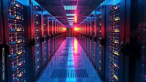 A bright and colorful data center aisle features numerous servers lined up on either side, glowing under vivid lights.