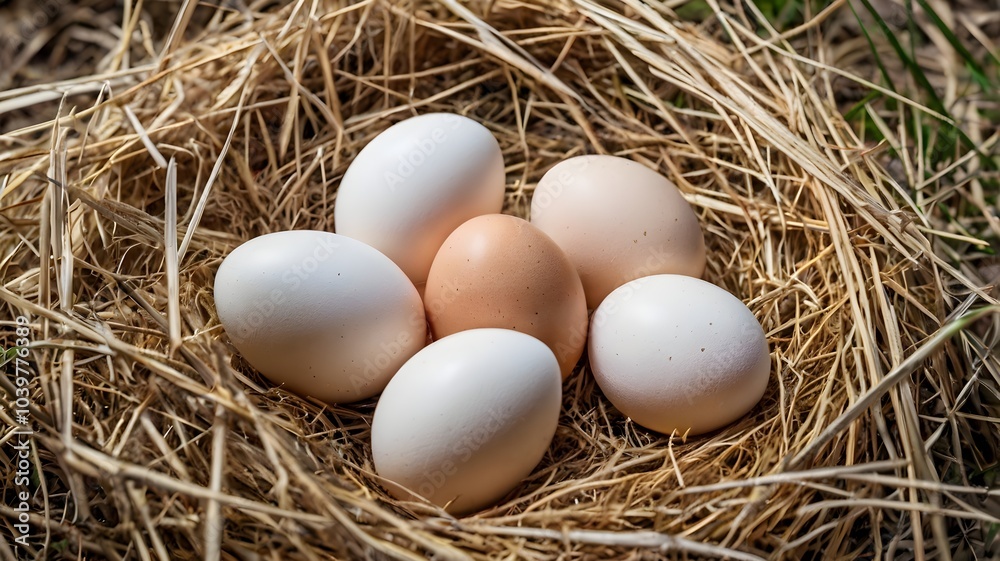 White chicken eggs arranged in a nest of straw grass. White chicken eggs arranged in a nest of straw grass.