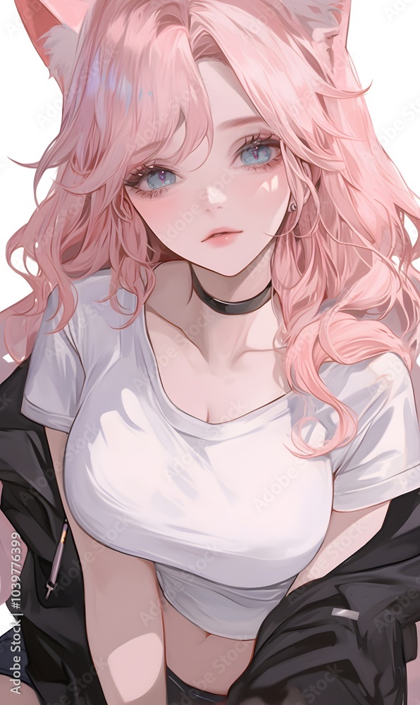 pink_hair, white hail anime-style_cat girl,generation AI pink_hair, white hail anime-style_cat girl,generation AI
