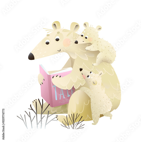Polar bear mother reading book to her baby cubs isolated clipart for kids education. Mama bear and white baby bears study an open book. Vector cartoon clip art illustration for children.