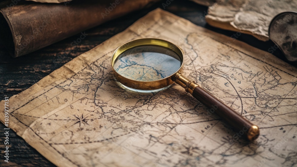 Antique map with magnifying glass emphasizing exploration and geography Antique map with magnifying glass emphasizing exploration and geography