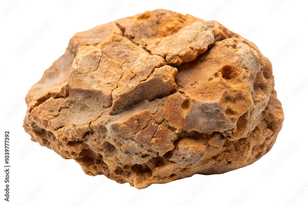 A textured, irregular-shaped rock with a mottled orange-brown color, showcasing porous features and rough surface details against a black background. A textured, irregular-shaped rock with a mottled orange-brown color, showcasing porous features and rough surface details against a black background.