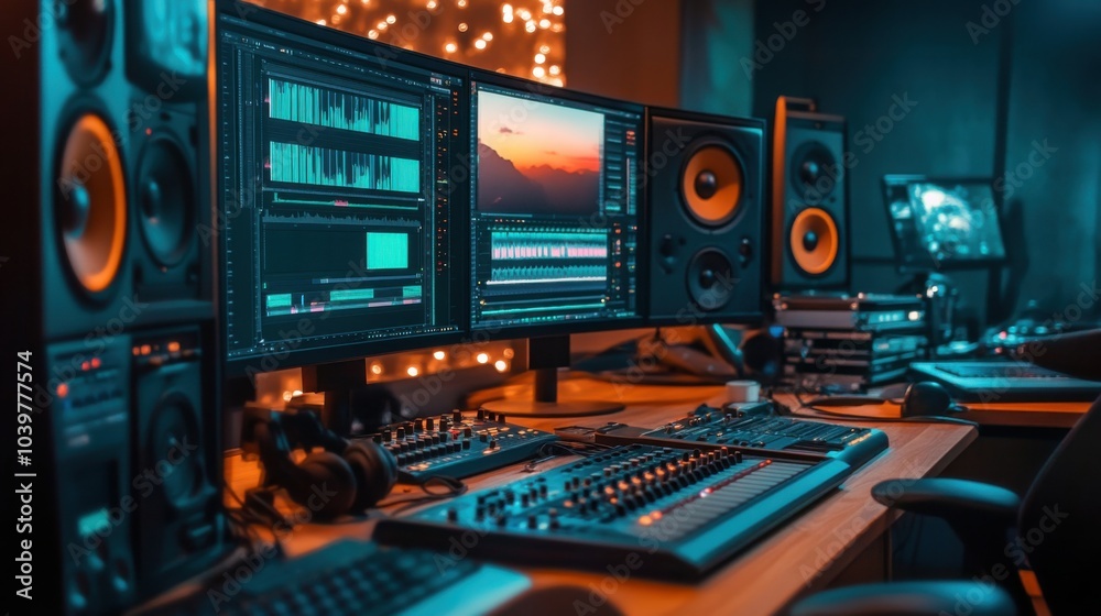 Audio editing setup with multiple screens mixing equipment music production Audio editing setup with multiple screens mixing equipment music production