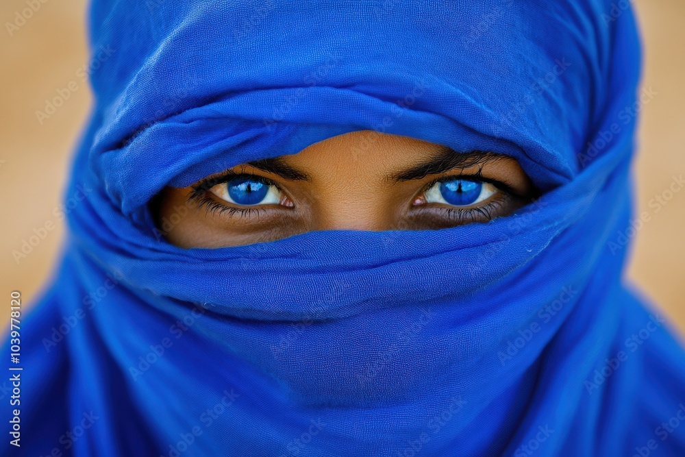 Naklejka premium Portrait of Berber Person in Blue Clothes in Sahara Desert