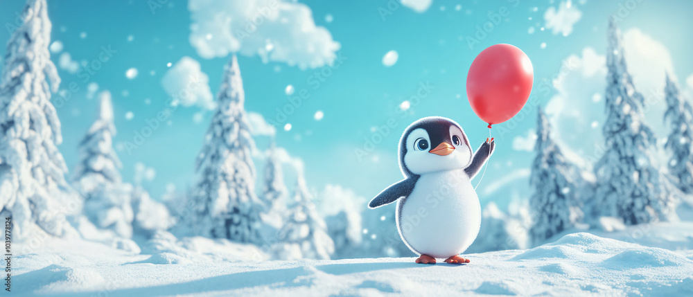 Cute Penguin Holding a Red Balloon in a Snowy Winter Wonderland Cute Penguin Holding a Red Balloon in a Snowy Winter Wonderland