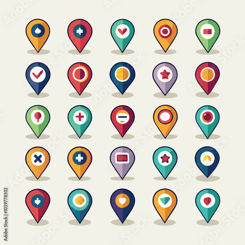 A set of 25 colorful location pin icons with various symbols and designs. These icons are perfect for maps, apps, or any design project that requires a touch of personality.