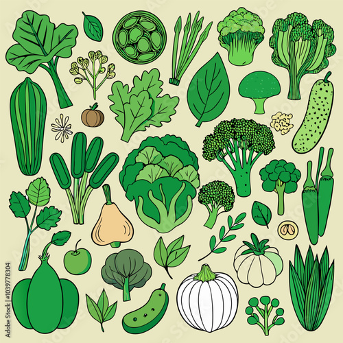 A vibrant illustration of various green vegetables, including broccoli, zucchini, and leafy greens, perfect for adding a fresh and healthy touch to your projects.