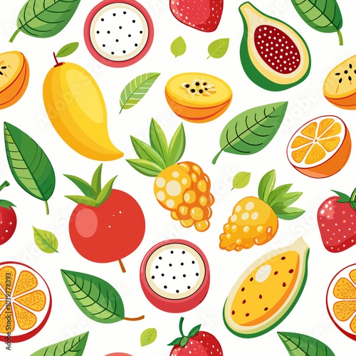 A vibrant and cheerful seamless pattern featuring a variety of fresh fruits like mangoes, dragon fruit, papaya, oranges, and strawberries, perfect for adding a touch of summery fun to your designs.