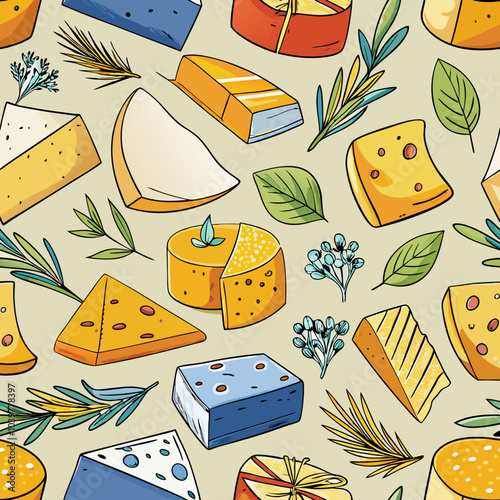 A whimsical and delightful seamless pattern featuring a variety of cheeses, perfect for adding a touch of charm to your projects. The cheerful hand-drawn design is ideal for food-related products.