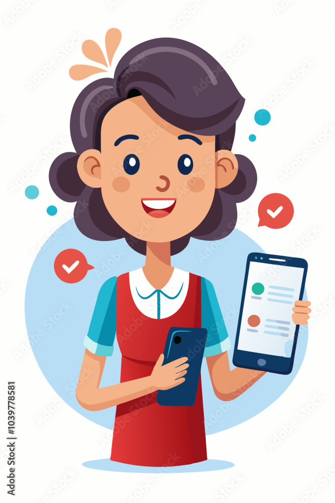 A cheerful cartoon illustration of a young woman holding two smartphones, representing the modern age of technology and communication. This image is perfect for online articles, social media posts. A cheerful cartoon illustration of a young woman holding two smartphones, representing the modern age of technology and communication. This image is perfect for online articles, social media posts.