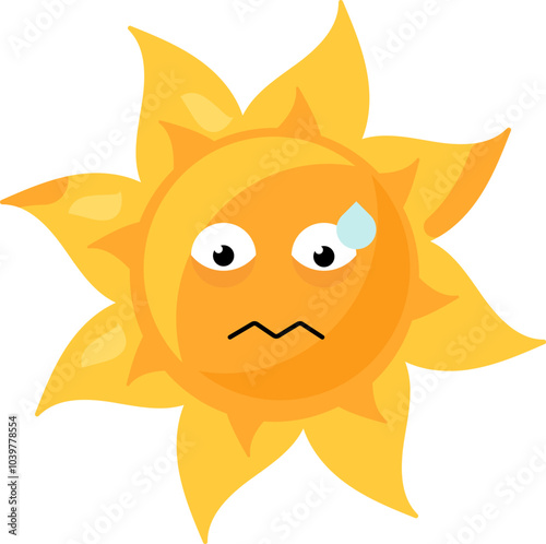 A vibrant vector illustration of anxious sun emoji in bright yellow color in a cartoon style. Bright emoticon character adds a touch of humor to messages about stressful situations or illustrating fee