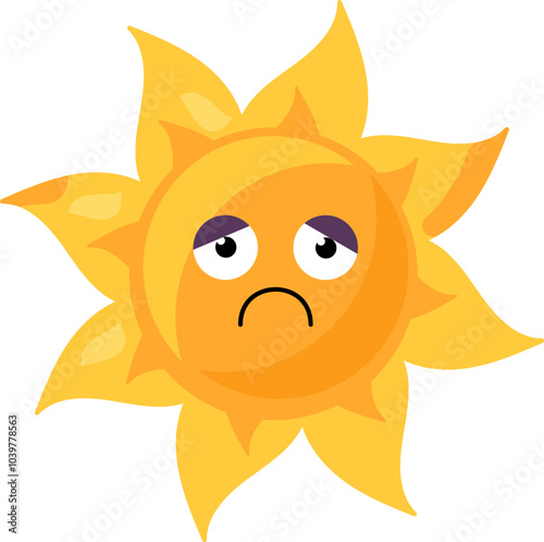 A vibrant vector illustration of stylized sun with a pensive sad face in bright yellow color in a cartoon style. Campaigns promoting mental health awareness, representing feelings of sadness, depressi