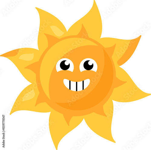 A vibrant vector illustration of stylized sun with grinning smile in bright yellow color in a cartoon style. The sun's face is friendly and inviting, radiating warmth and happiness. Bright emoticon ch