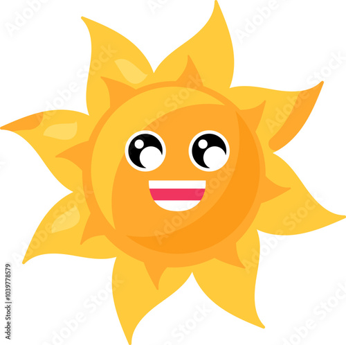 A vibrant vector illustration of stylized smiling sun in bright yellow color in a cartoon style. The sun's face is friendly and inviting, radiating warmth and happiness. The smiling sun is for into ed