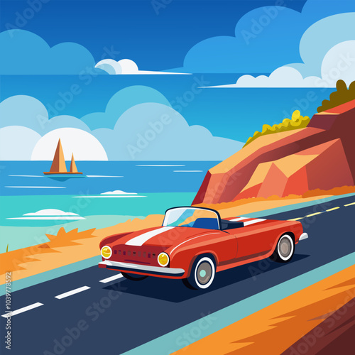 A vibrant illustration featuring a classic red convertible cruising along a coastal road with a stunning ocean view and sailboat in the distance. This design evokes feelings of freedom, adventure.