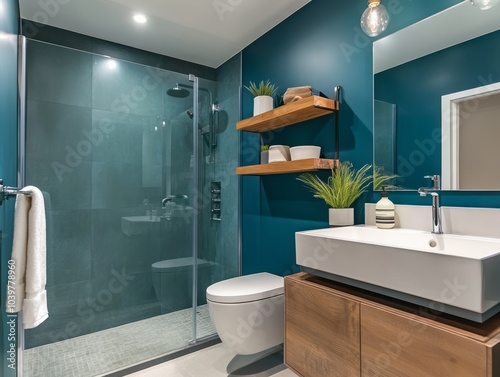 Dark teal accent wall in a minimalist bathroom with floating shelves and a glass shower