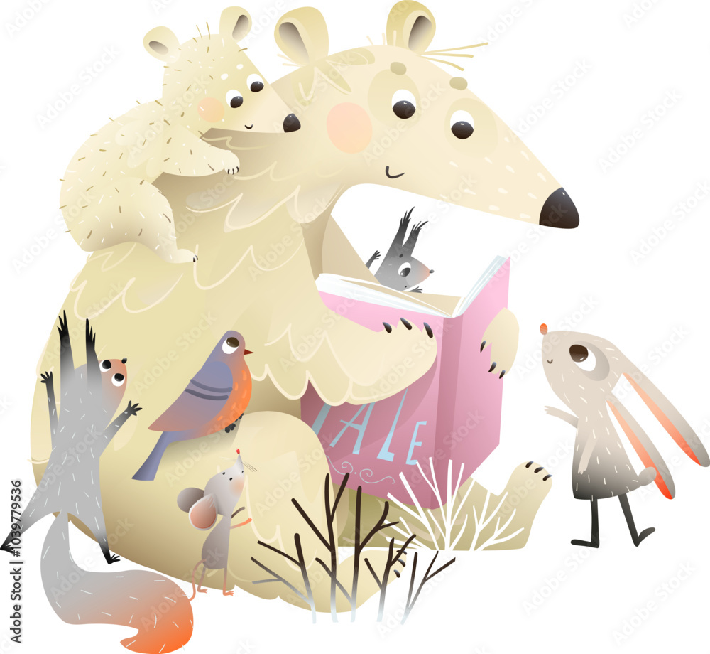 Obraz premium Polar bear mother reading book to her baby cubs, squirrel mouse and rabbit in winter. Mama bear and baby forest animals study an open book. Vector cartoon clip art illustration for children school.