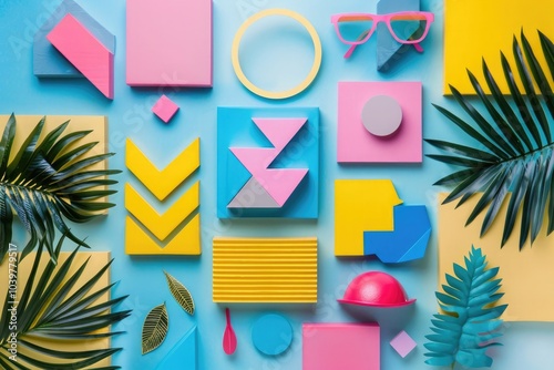 A flat lay of vibrant geometric shapes in pink, blue, and yellow colors with palm leaves for a tropical aesthetic background.
