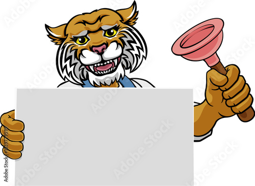 A wildcat plumber handyman plumbing construction cartoon mascot man holding a drain plunger tool.