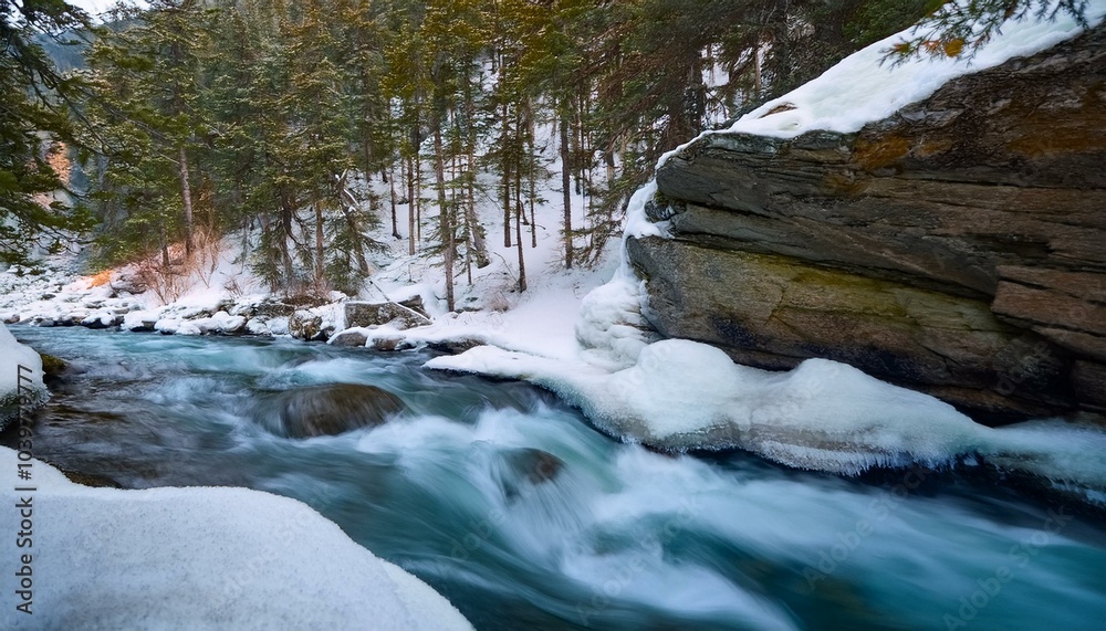Obraz premium un río en el bosque nevado en invierno, haciendo una curvatura, con rapidos y pequeños saltos