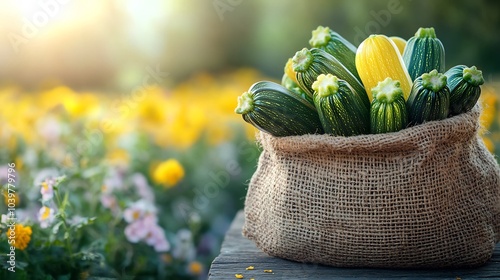 Burlap bag overflowing with vibrant zucchini on a rustic wooden table set against a blooming agricultural field backdrop providing a beautiful space for text photo