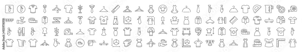 Set of Sewing and Garment Related Line Icons. Editable Stroke for Design, Web Sites, Apps, Cards. Contains Linear Images of T Shirt, Dress, Tie, Measuring Tape, Rack