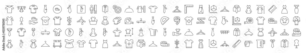 Sewing and Garment Line Icon Pack. Modern Collection for Design, Web Sites, Apps, Cards. Contains Linear Images of T Shirt, Dress, Tie, Measuring Tape, Rack Sewing and Garment Line Icon Pack. Modern Collection for Design, Web Sites, Apps, Cards. Contains Linear Images of T Shirt, Dress, Tie, Measuring Tape, Rack