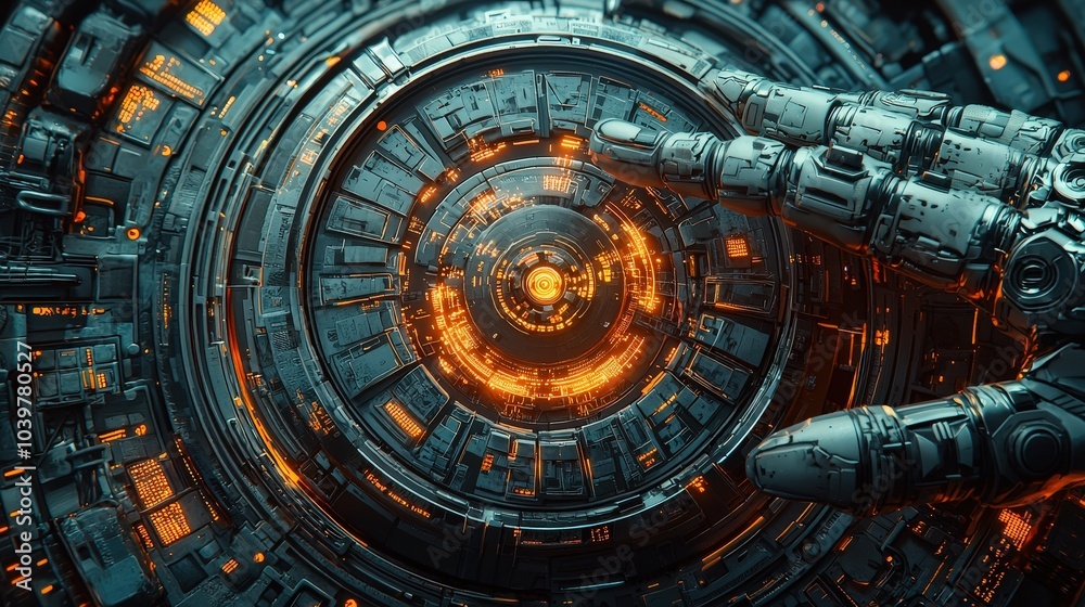 Fototapeta premium Futuristic AI Robotics Concept Cyborg Hand Reaching for Glowing Core