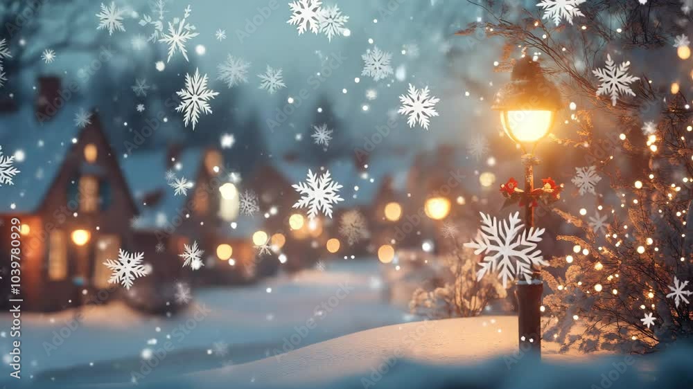 A snowy landscape with a street lamp in the foreground A snowy landscape with a street lamp in the foreground
