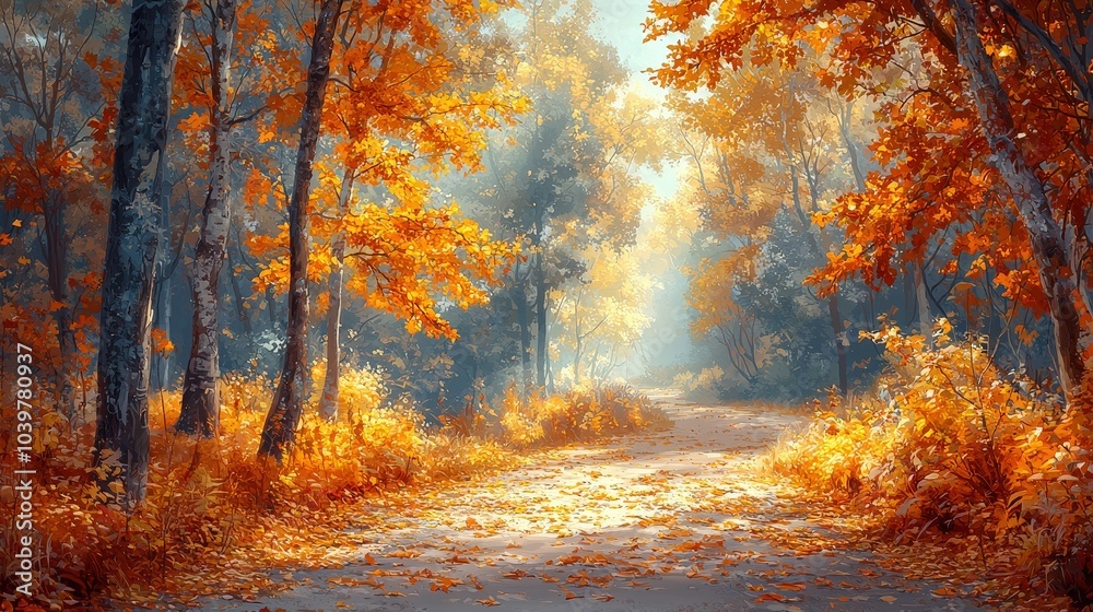 Autumn Forest Path with Golden Leaves and Sunlight Autumn Forest Path with Golden Leaves and Sunlight
